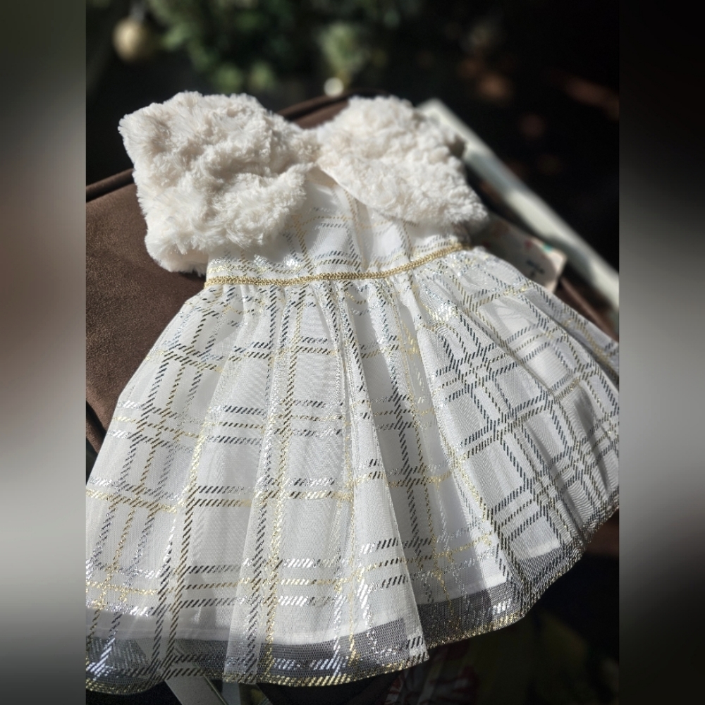 White, gold, and silver formal dress for 3/6 month girl.